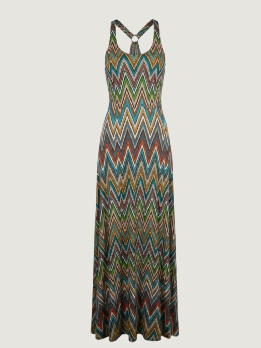 Veronica M Maxi Dress Womens Large Multi Chevron Zigzag Racerback O-Ring Boho